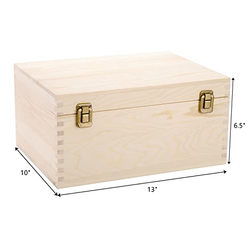 Frcctre Extral Large Unfinished Wooden Box, 13 x 10 x 6.5 inch Natural Unfinished Pine Wood Box with Hinged Lid and Front ...