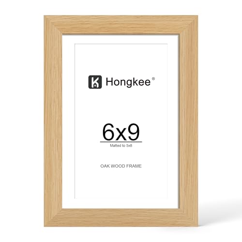 Hongkee 6x9 Oak Wood Picture Frame, Display Photos 5 x 8 with Mat or 6 x 9 without Mat - Tempered Glass Cover, Horizontal ...