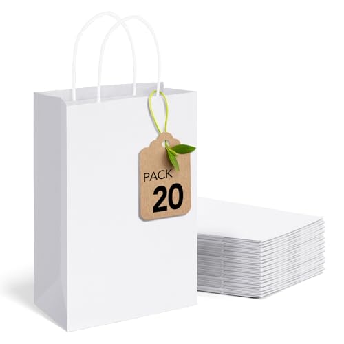 MESHA Gift Paper Bags 20Pcs 5.25x3.75x8 Inch White Small Shopping Kraft Bags Bulk with Handles Reusable for Business Groce...