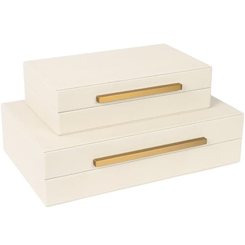 ZIKOUL Beige Shagreen Decorative Storage Boxes – Set of 2 Faux Leather Jewelry & Memory Boxes with Gold Metal Handles, Nes...
