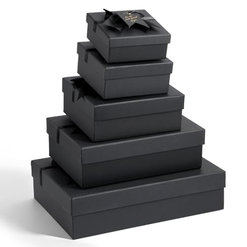 Afgaogw 5 Pack Black Nesting Gift Boxes with Lid, 5 Sizes Luxury Wrapping Boxes with Ribbon Bows & Label for Valentine's D...