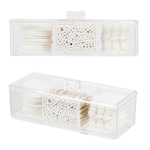 ZEXALOR Clear Bathroom Dresser Organizer - Cotton Ball Swab Holder with 3 Divided Compartments&Lid, , Waterproof Transpare...
