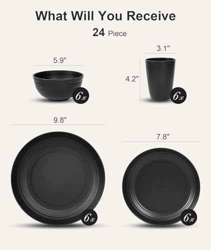 Quatish 24 Piece Plates and Bowls Sets for 6, Unbreakable Dinnerware Sets, Dish Set for Camping, Dishwasher Microwave Saf...