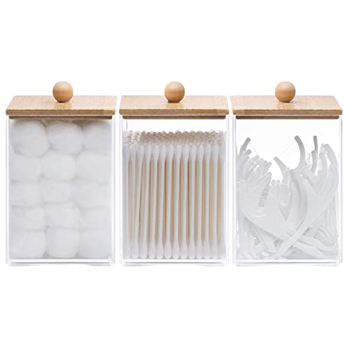 Tbestmax 3 Pack Square Qtip Holder - 12 oz Bathroom Organizers and Storage Containers, Plastic Apothecary Jars with Bamboo...