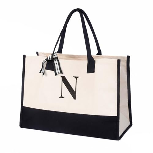 Salt Earth Personalized Initial Canvas Tote Bag for Women, Large Cotton Monogram Beach Grocery Reusable Work Travel Tote
