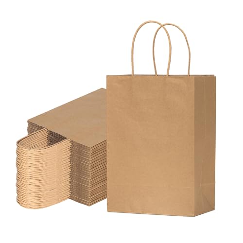 vanhel 50 PCS Gift Bags with Handles,8 x 4.25 x 10.5 Inches,Gift bag,Brown Paper Bags with Handles bulk, Shopping,Party, R...