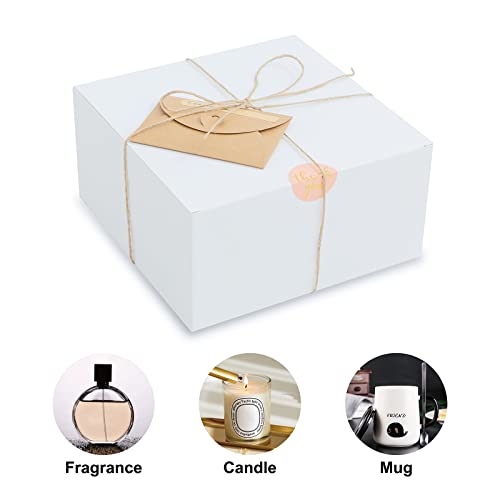 YUEFANBOX 12 Pack White Gift Boxes, 8x8x4in, with Lids, 80ft Twine, Stickers & Tape, Easy Assemble for Bridesmaid Proposa...