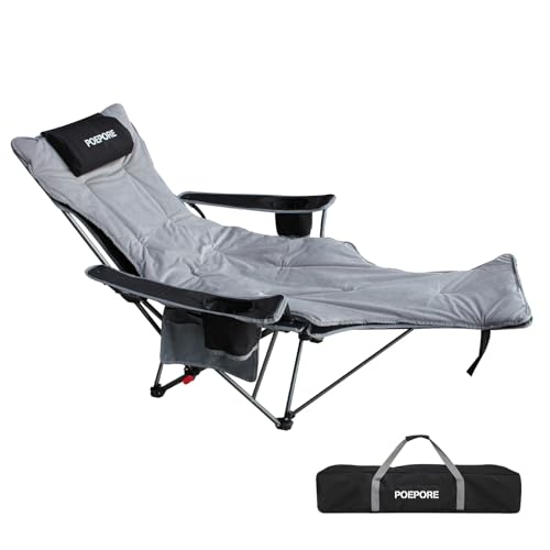 POEPORE Reclining Camping Chair with Removable Footrest Lounge Chair with Headrest, Cotton Cushion, Portable Adjustable Fo...