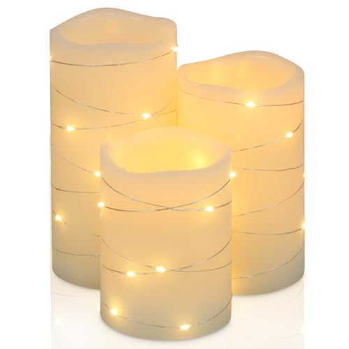 H-BLOSSOM Flickering Flameless Candles Ivory Real Wax Pillar with Embedded String Lights LED Candles Battery Operated with...