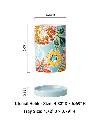 Utensil Holder for Kitchen Counter, Large Ceramic Utensil Holder Crock with Drain Tray, Hand-Painted Floral Rustic Farmhou...