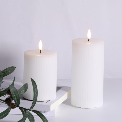 Girimax White Ribbed Flameless Pillar Candles with Remote, Flickering LED Wax Candles Battery Operated Set of 2