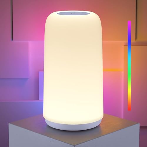 ROOTRO Touch Bedside Table Lamp, [Sleek Design & RGB Mode] 3 Way Dimmable Small Lamp for Bedroom, LED Lamp with Warm White...