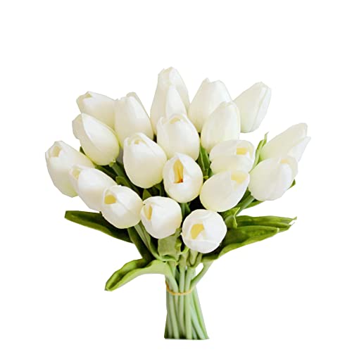 Mandy's White Artificial Tulips Flowers Centerpiece, 13.5" Lifelike PU Fake Floral Stems 20pcs for Kitchen Island & Dining...