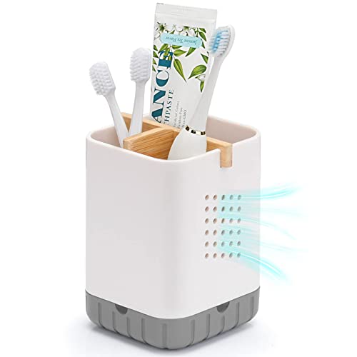 Boperzi Toothbrush and Toothpaste Holder with Bamboo Divider for Bathroom Countertop Organizer, Plastic Detachable Anti-Sl...