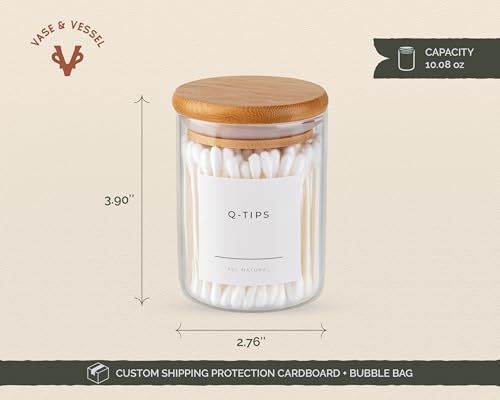 Vase and Vessel Mini Glass Apothecary Jars with Bamboo Lids, Small Bathroom and Kitchen Storage Containers, For Cotton Bal...