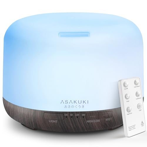 ASAKUKI Essential Oil Diffuser for Home, 500ML Aromatherapy Diffuser Humidifier with Remote Control, 7 Color LED Lights, Q...