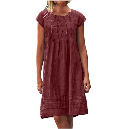 Cotton Linen Dresses for Women Casual Short Sleeve Crew Neck Floral Embroidery Dress Loose Pleated Front Midi Dress