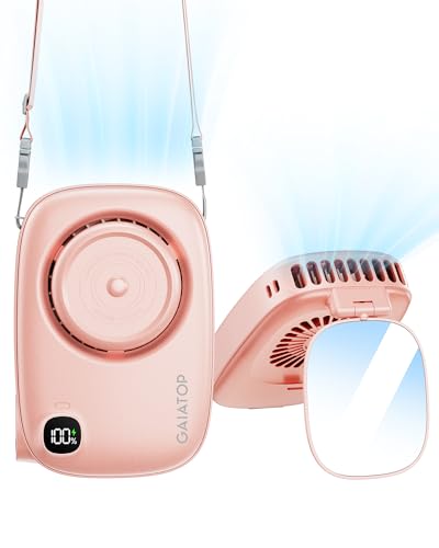 Gaiatop Mini Neck Fan, Rechargeable Handheld Desk Use, LED Power Display 3 Speed 360°Rotate Mirror for Lash Makeup, Cute C...