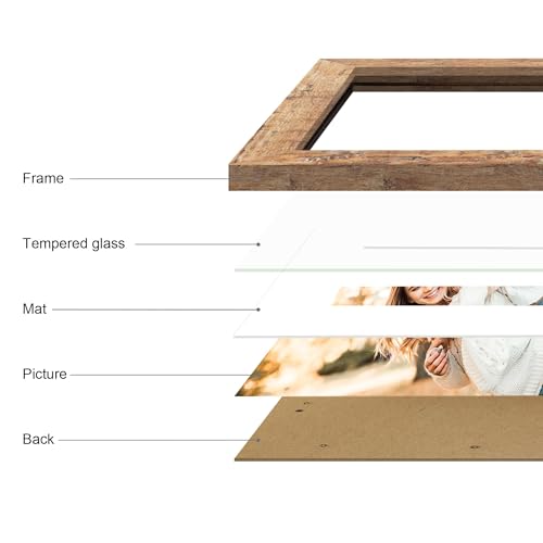 iRahmen 11x14 Picture Frame Set of 2 with Tempered Glass, Rustic Brown Frame Display 8x10 Pictures with Mat or 11 x 14 Wit...
