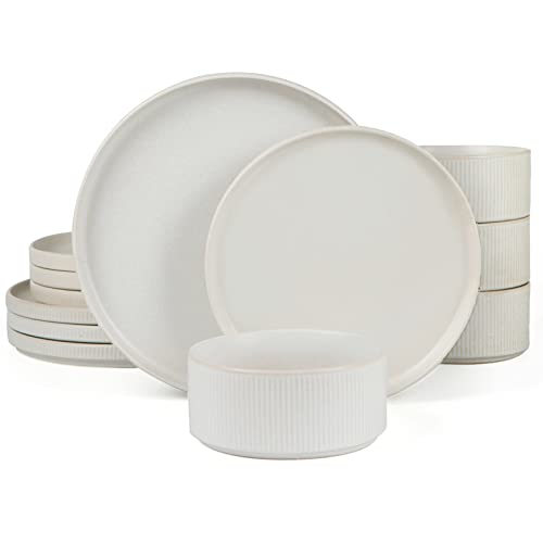 Famiware Star Dinnerware Sets, Plates and Bowls Set for 4, 12 Pieces Ribbed Dishes - Chip and Scratch Resistant, Microwave...