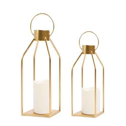 HPC Decor Modern Farmhouse Lantern Decor- Gold Metal Candle Lanterns for Christmas- Lanterns Decorative w/Timer Flickering...