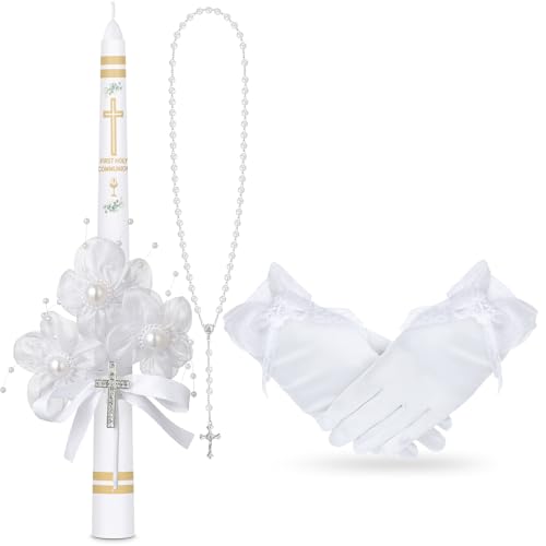 Conelist 3 Pcs First Holy Communion Candle Set for Girls Baptism Taper Candle with Rosary Beads Catholic Necklace Satin Gl...