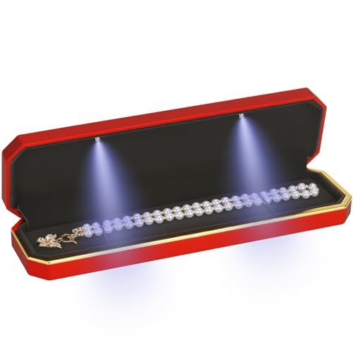 Luxury LED Necklace Long Chain Gift Box with LED Light, Velvet Jewelry Box Storage Case Organizer Holder (Red)