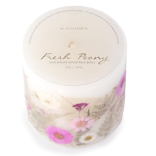 ANDALUCA Pressed Real Flowers Handcrafted Botanical Floral Pillar Candle (Fresh Peony)