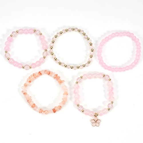 Caiyao 5Pcs Bohemia Multilayer Floewr Crystal Glass Beaded Bracelet Set Colorful Stackable Flower Beaded Friendship Stretc...