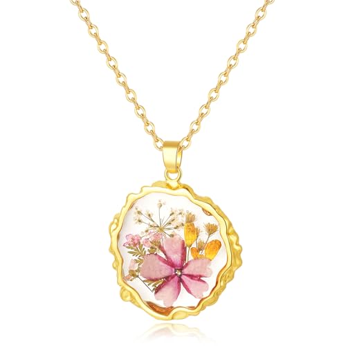 Hefestus Birth Flower Necklaces for Women,1-12 Month Real Pressed Flower Necklace,Boho-Style Personalized Jewelry, Handmad...
