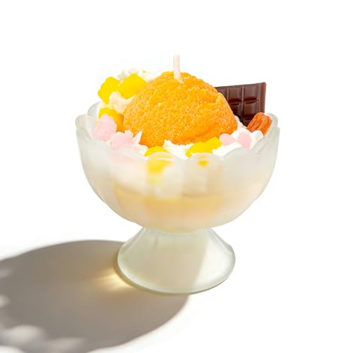 Decorative Ice Cream Sundae Candle, Mango Coconut Scented, White Bowl Design with Orange Topping