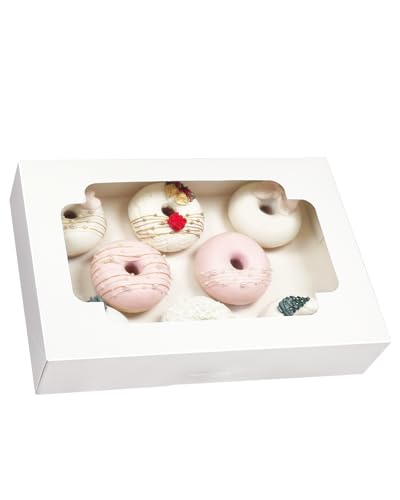 qiqee Auto-pop up 12x8x2.5 inch White Cookie Box with Window 15 Packs Two Uses One Second Folding Pastry Biscuit Bakery Bo...
