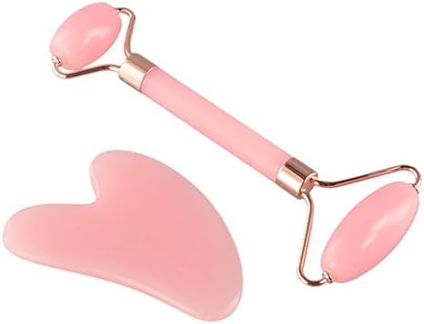 2Pcs Pink Manual Jade Roller and Gua Sha Set, Resin Facial Massage Tools for Face Eye Neck, Natural Beauty Skin Care Tools...