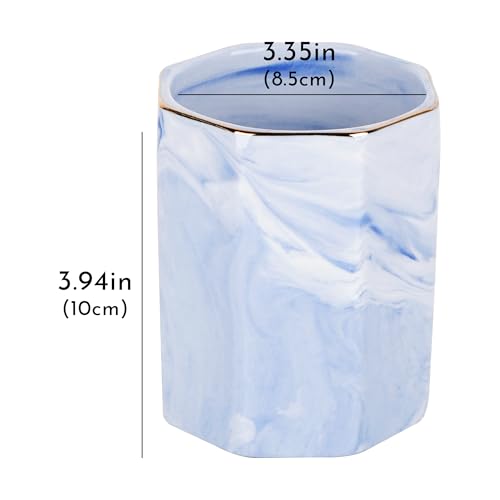 BUNCHBRAVO Blue Marble Makeup Brush Holder - Round Ceramic Pencil Container with Gold Rim, Elegant Versatile Organizer for...