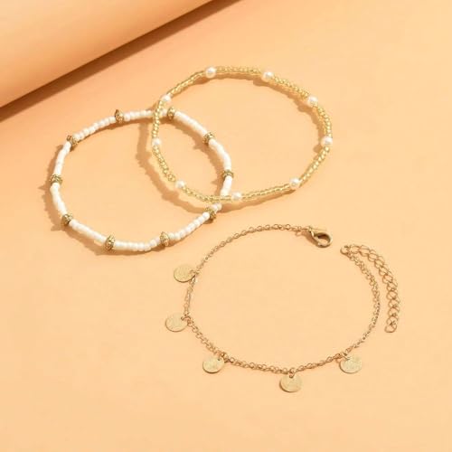 Qceasiy Shell Ankle Bracelet Set for Women, Gold Plated Boho Bead Adjustable Anklet, Hawaiian Beach Seashell Pearl Heart S...