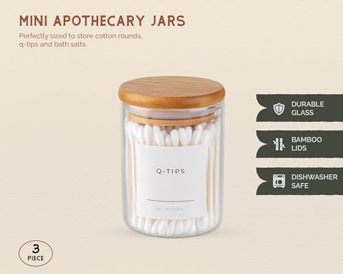 Vase and Vessel Mini Glass Apothecary Jars with Bamboo Lids, Small Bathroom and Kitchen Storage Containers, For Cotton Bal...