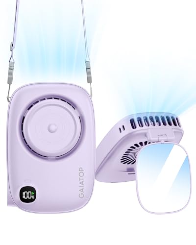 Gaiatop Mini Neck Fan, Rechargeable Handheld Desk Use, LED Power Display 3 Speed 360°Rotate Mirror for Lash Makeup, Cute C...