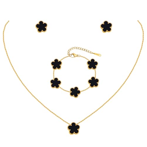 Gold Necklaces Bracelets Earring Set - 18K Gold Plated Flower Bracelet Chain,Stainless Steel Non Tarnish Floral Pendant St...