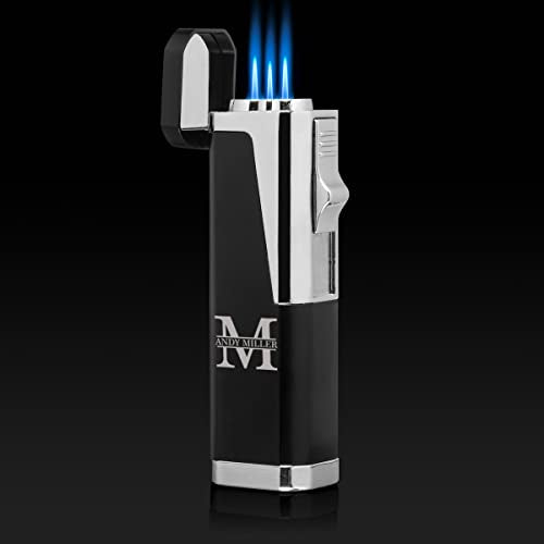 ROLYAD Engraved Stainless Steel Cigar Cutter & Black Triple Flame Torch Lighter Leather Box Personalized Custom (Block Ini...