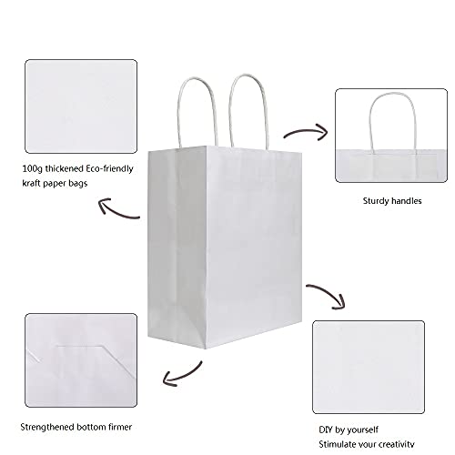bagmad 100Pcs Pack 8x4.75x10 inch Medium White Kraft Paper Bags with Handles Bulk, Gift Bags, Craft Grocery Shopping Retai...