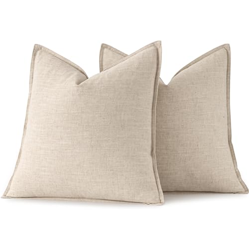 MIULEE Decorative Linen Euro Sham Pillow Covers 24x24 Natural Beige Boho Farmhouse Neutral Couch Throw Pillows for Bed Pac...