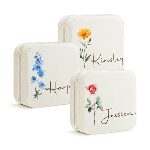DayOfShe Personalized Travel Jewelry Box with Name and Birth Flower Bridesmaid Proposal Gifts,Personalized Mothers Gifts C...