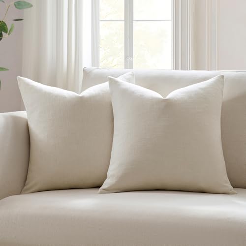Meekio Set of 2 Ivory Throw Pillow Covers 18x18, Modern Farmhouse Linen Blend Decorative Pillow Covers for Couch Sofa Bed,...