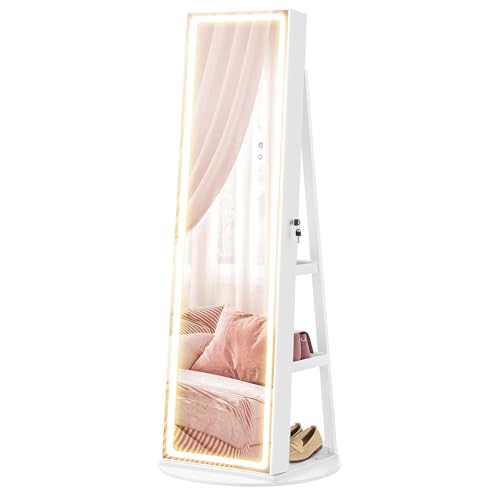 SONGMICS LED Jewelry Cabinet Standing, Lockable Armoire With Full-Length Mirror and Adjustable Lights, Space-Saving Organi...