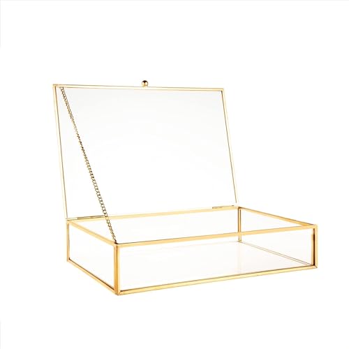 Feyarl Gold Glass Jewelry Trinket Box 5 x 7 Photo Cards Shadow Lidded Box Organizer Collection Display Case Decorative Kee...