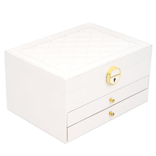 RQQM 3 Layer Jewelry Box Organizer with Drawers, Lockable PU Leather Jewelry Storage Case for Mothrer's Day gifts Necklace...