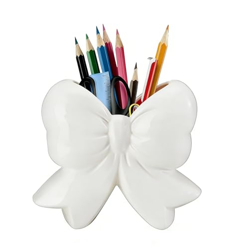 Bow Pen Holder for Desk, Coquette Ceramic Pencil Organizer Makeup Brush Holders with Bow, School Supplies Cute Office Deco...