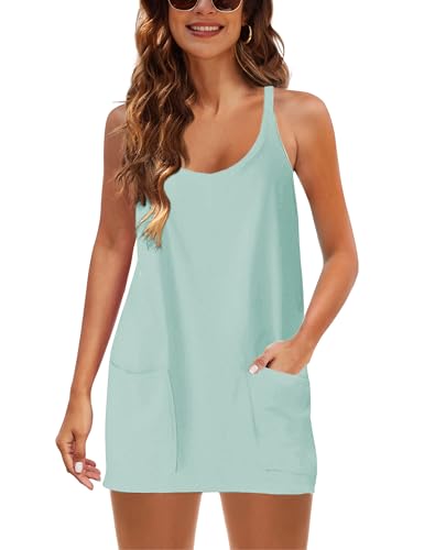 Zhiyouni Women's Summer Sleeveless Mini Dress V Neck Spaghetti Straps Athletic Built-in Shorts Sundress