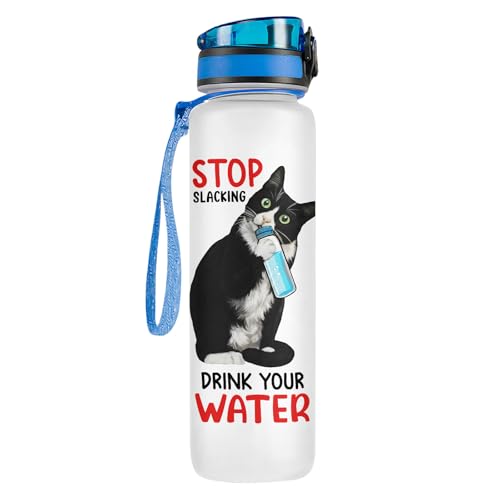 GEPOSTORE Funny Cat Hydration Water Bottle 32oz with Time Marker, Cute Cat Mom Gift for Women, Reusable Daily Motivation D...
