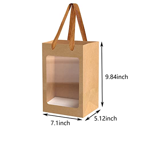BallHull 12 Pcs Brown Paper Gift Bags with Transparent Window, 9.84"x7.0"x5.12" Kraft Shopping Bags with Handles for Bouqu...